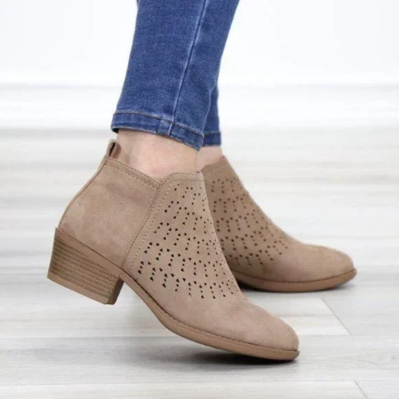 Boho Ankle Boots Taupe Suede Booties Low Heel Laser Cut Design With Zipper - Picture 4 of 11